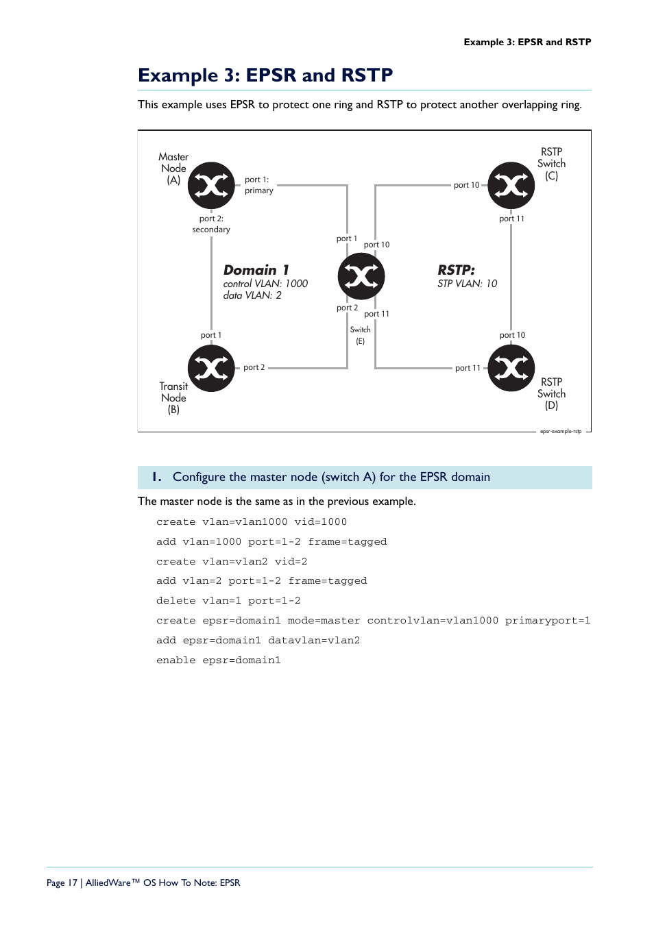 Example 3: epsr and rstp, Domain 1, Rstp | Allied Telesis AlliedWare  OS User Manual | Page 17 / 56