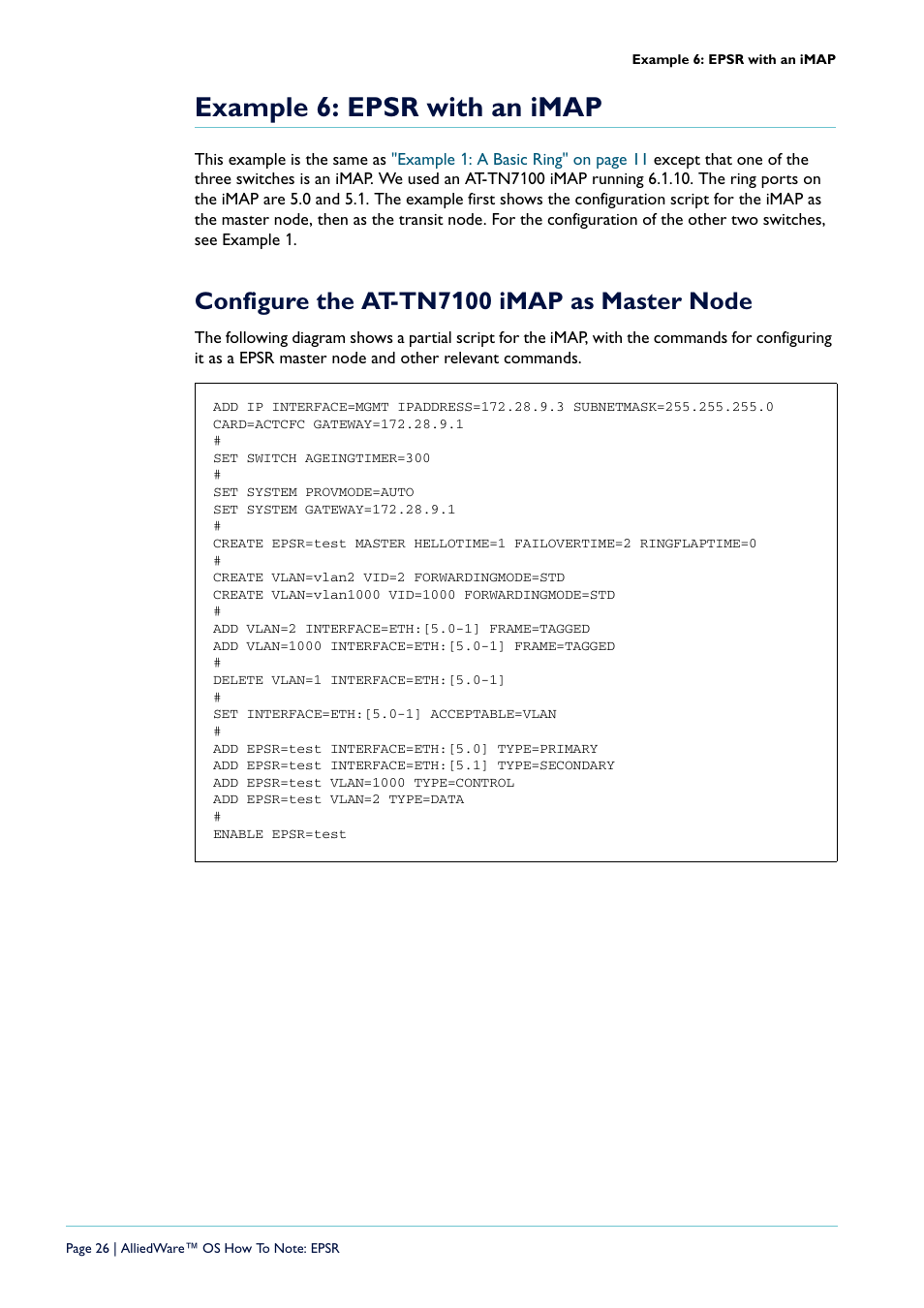 Example 6: epsr with an imap, Configure the at-tn7100 imap as master node | Allied Telesis AlliedWare  OS User Manual | Page 26 / 56