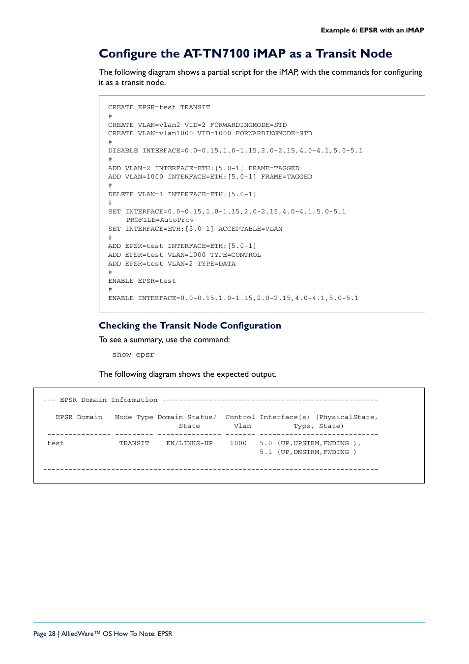 Configure the at-tn7100 imap as a transit node, Checking the transit node configuration | Allied Telesis AlliedWare  OS User Manual | Page 28 / 56