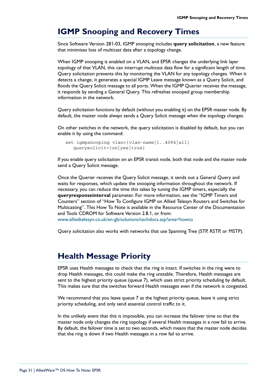Igmp snooping and recovery times, Health message priority | Allied Telesis AlliedWare  OS User Manual | Page 31 / 56