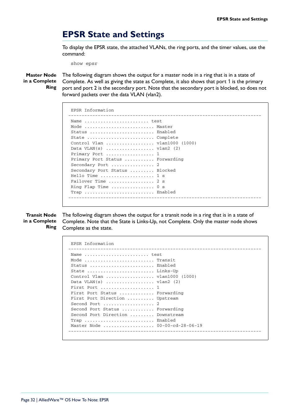 Epsr state and settings | Allied Telesis AlliedWare  OS User Manual | Page 32 / 56