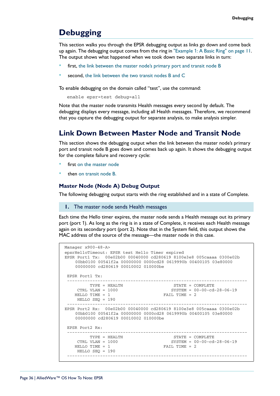 Debugging, Link down between master node and transit node, Master node (node a) debug output | Allied Telesis AlliedWare  OS User Manual | Page 36 / 56