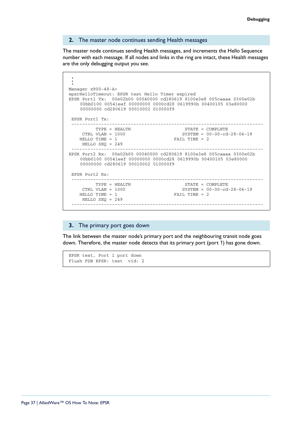 The master node continues sending health messages, The primary port goes down | Allied Telesis AlliedWare  OS User Manual | Page 37 / 56