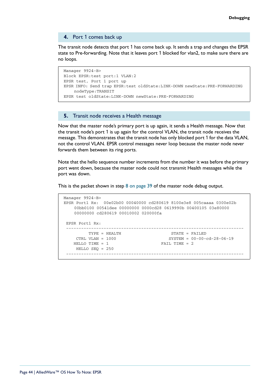 Port 1 comes back up, Transit node receives a health message | Allied Telesis AlliedWare  OS User Manual | Page 44 / 56