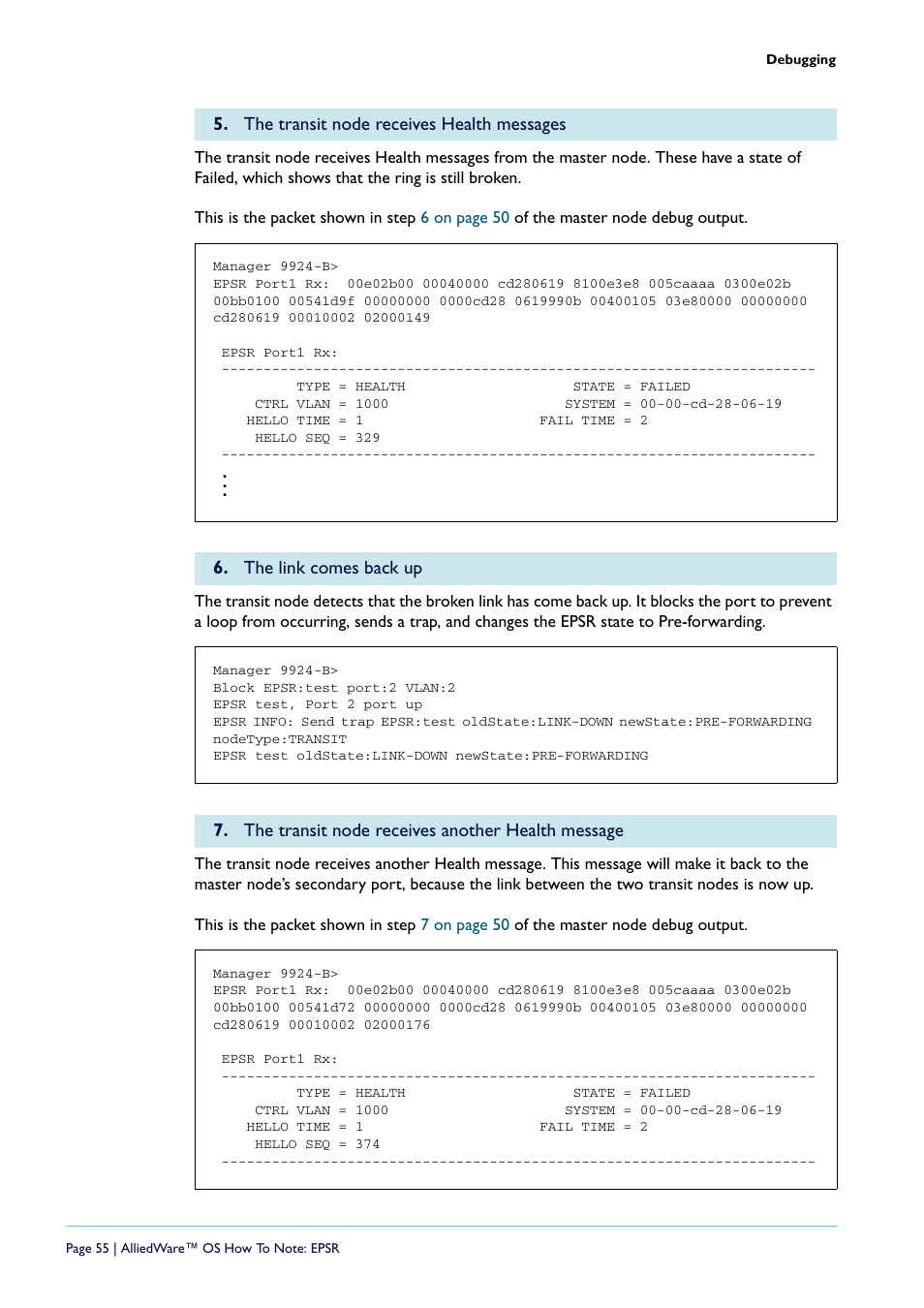 The transit node receives health messages, The link comes back up, The transit node receives another health message | Allied Telesis AlliedWare  OS User Manual | Page 55 / 56