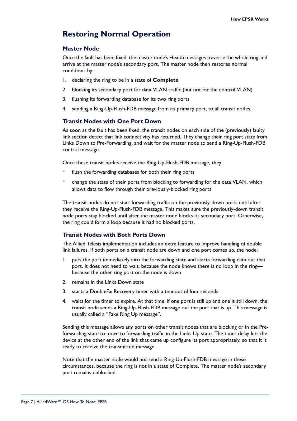 Restoring normal operation, Master node, Transit nodes with one port down | Transit nodes with both ports down | Allied Telesis AlliedWare  OS User Manual | Page 7 / 56