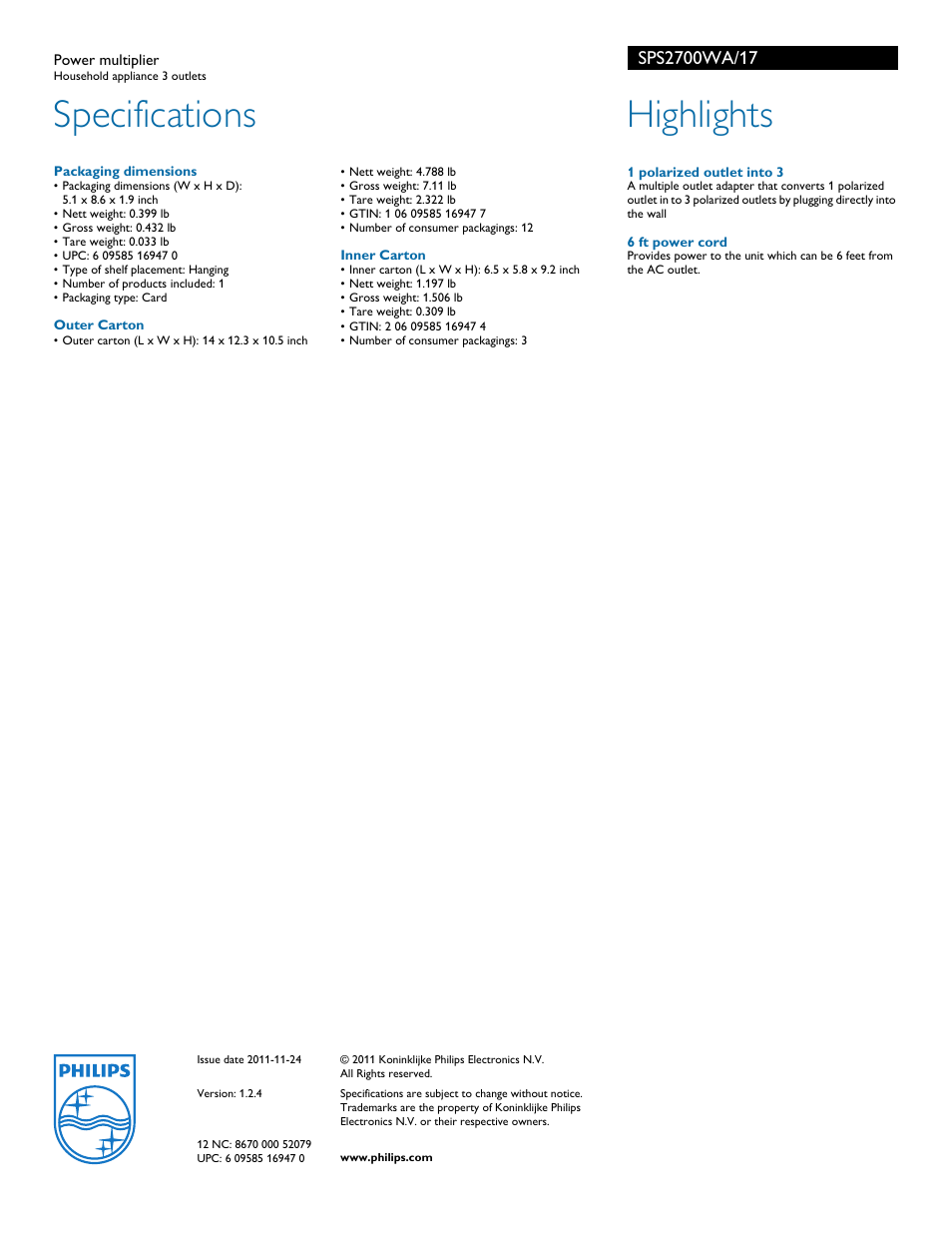 Specifications, Highlights | Philips SPS2700WA-17 User Manual | Page 2 / 2