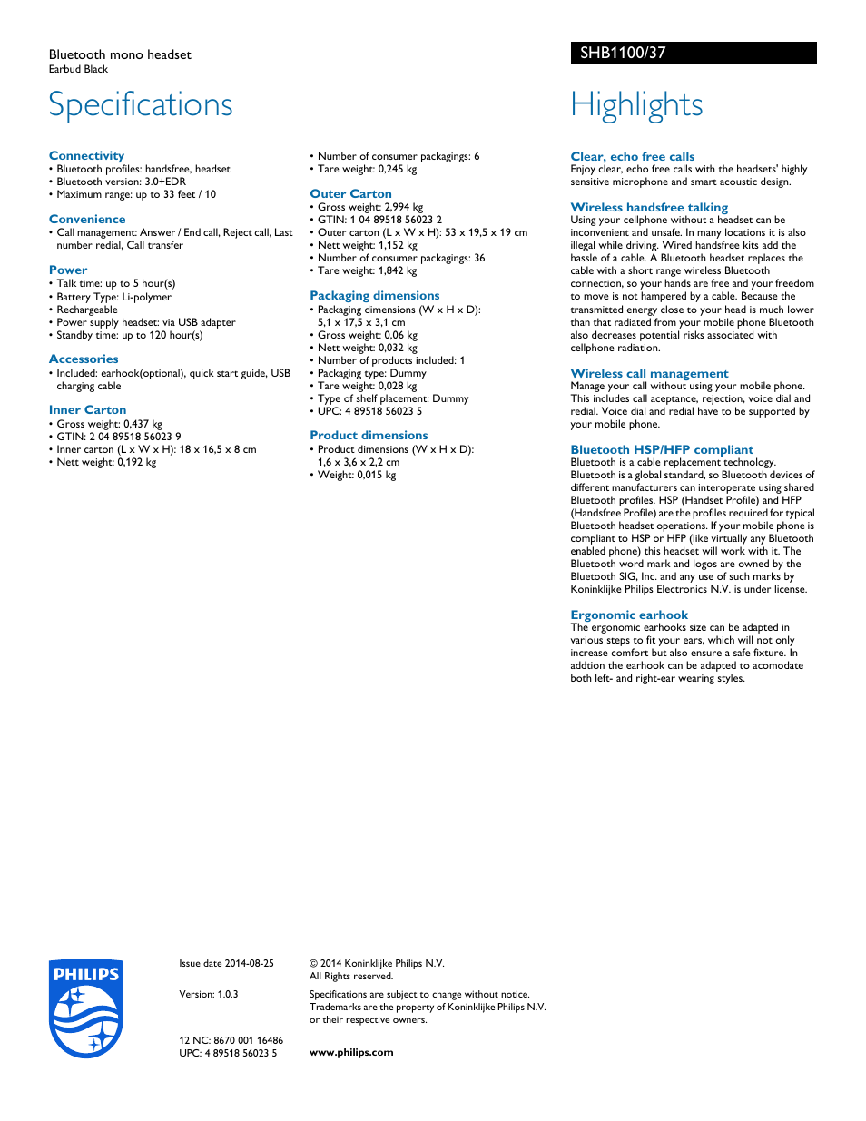 Specifications, Highlights | Philips SHB1100-37 User Manual | Page 2 / 2