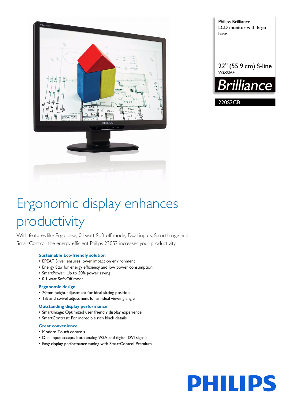 Philips Brilliance LCD monitor with Ergo base 220S2CB 22'' 55.9 cm S-line WSXGA+ User Manual | 3 pages