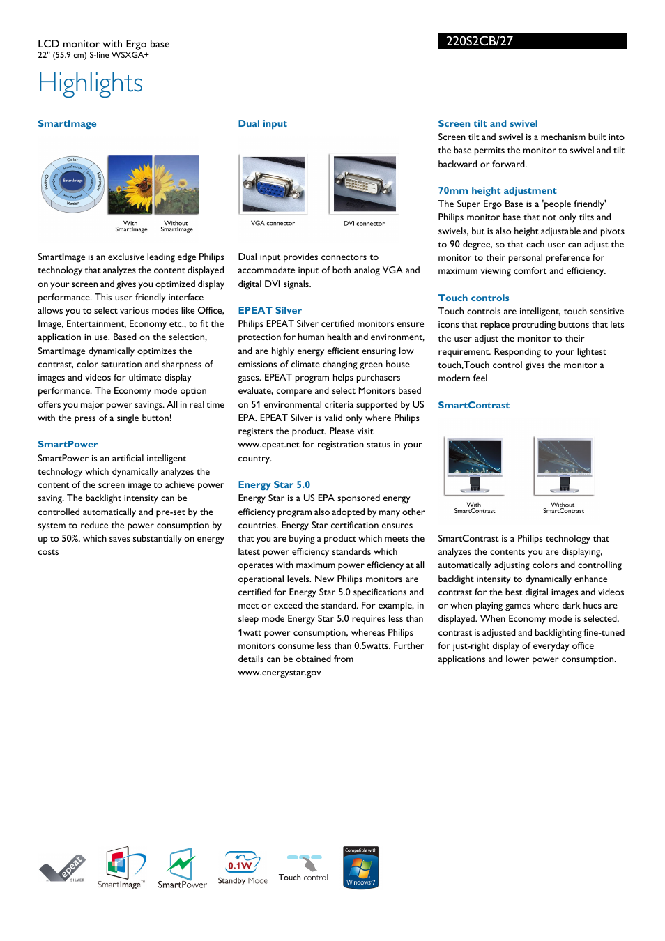 Highlights | Philips Brilliance LCD monitor with Ergo base 220S2CB 22'' 55.9 cm S-line WSXGA+ User Manual | Page 2 / 3