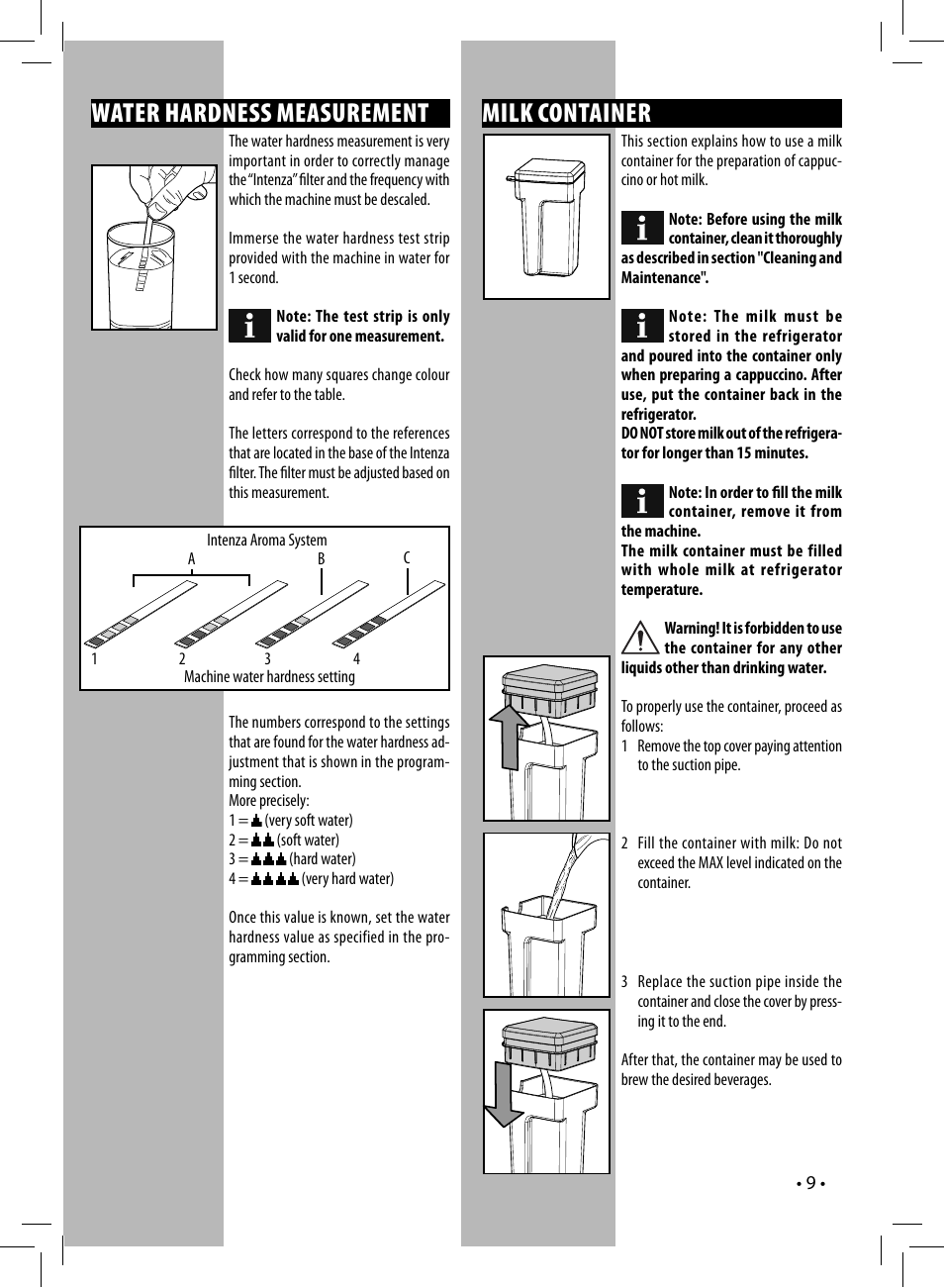 Milk container, Water hardness measurement | Philips HD8838-47 User Manual | Page 12 / 36