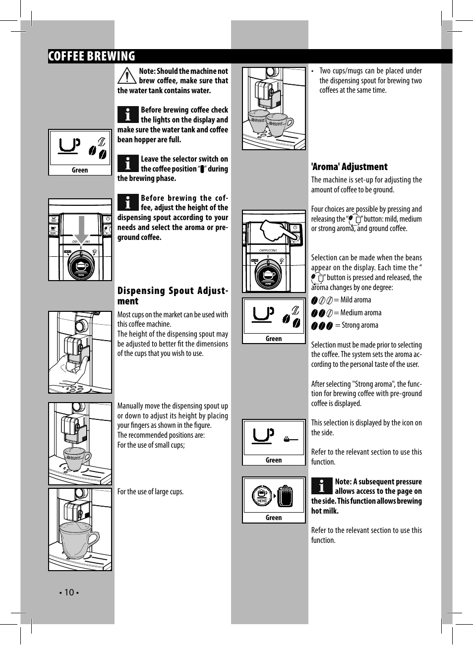 Coffee brewing, Dispensing spout adjust- ment, Aroma' adjustment | Philips HD8838-47 User Manual | Page 13 / 36
