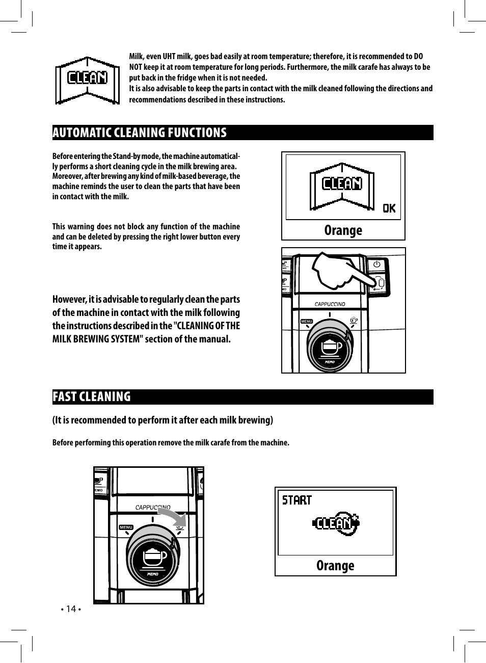 Orange, Automatic cleaning functions fast cleaning | Philips HD8838-47 User Manual | Page 17 / 36