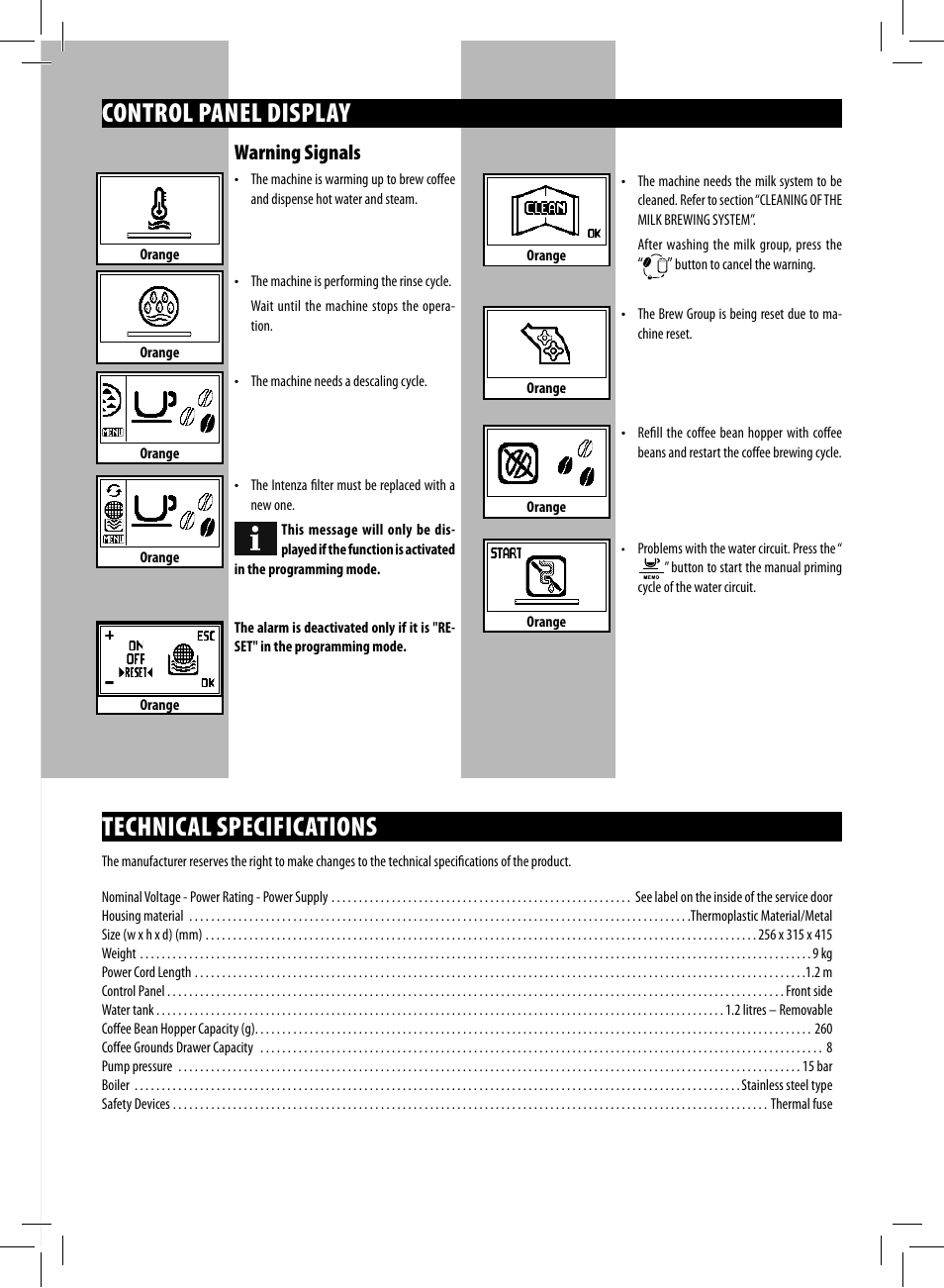 Technical specifications, Control panel display, Warning signals | Philips HD8838-47 User Manual | Page 33 / 36