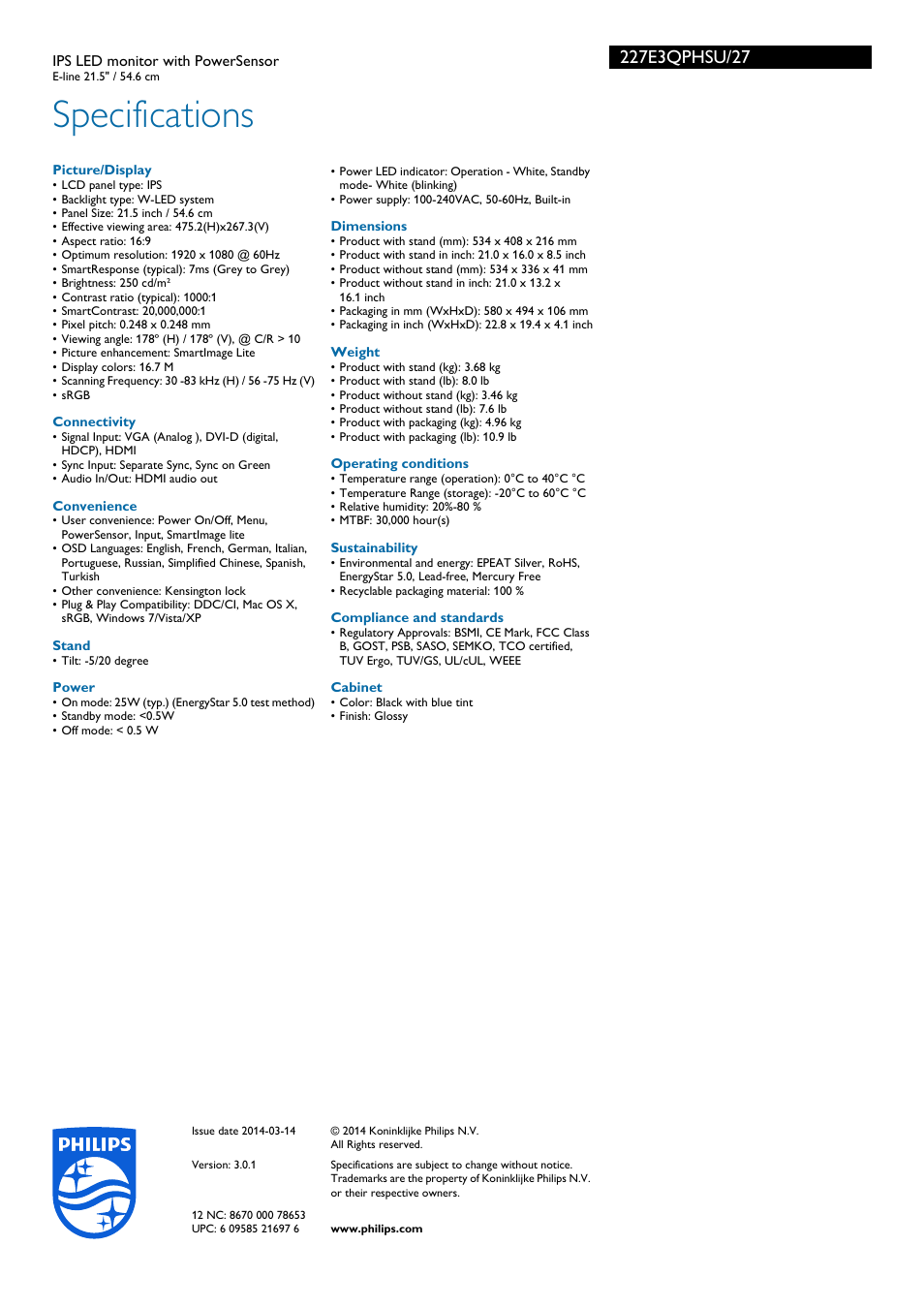 Specifications | Philips 227E3QPHSU-27 User Manual | Page 3 / 3