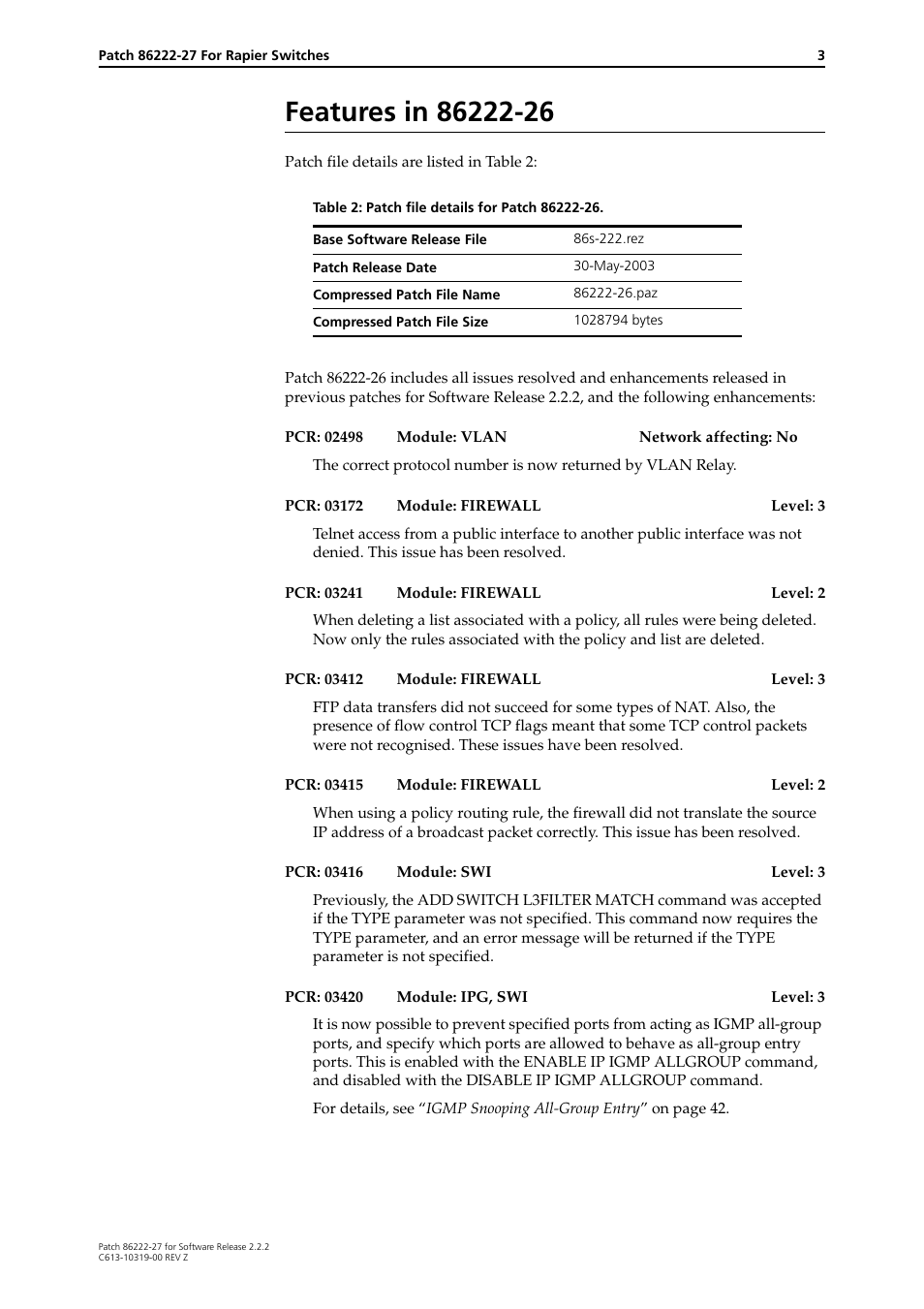 Features in 86222-26 | Allied Telesis 86222-27 User Manual | Page 3 / 46