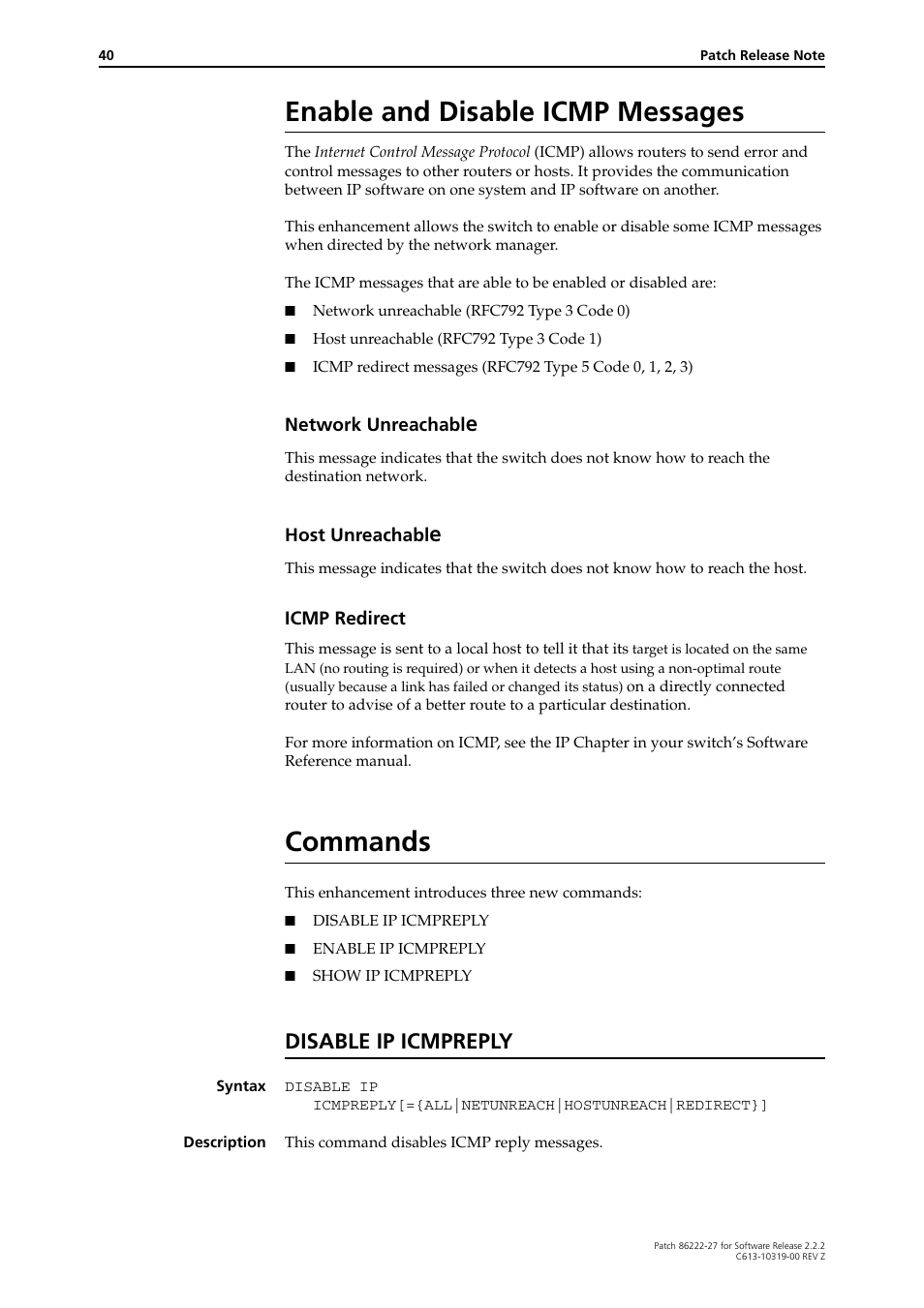 Enable and disable icmp messages, Network unreachable, Host unreachable | Icmp redirect, Commands, Disable ip icmpreply | Allied Telesis 86222-27 User Manual | Page 40 / 46