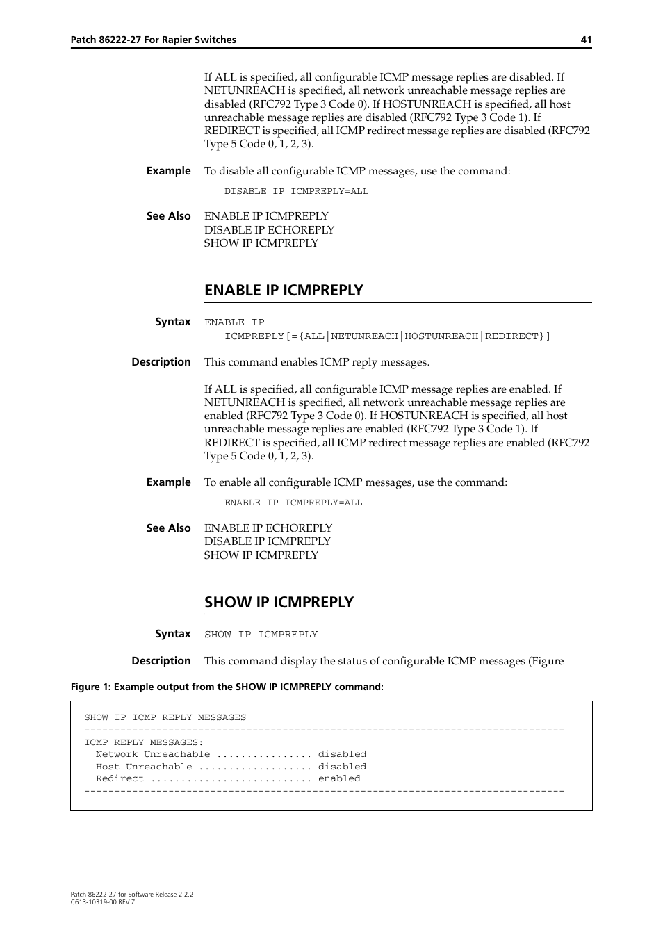 Enable ip icmpreply, Show ip icmpreply | Allied Telesis 86222-27 User Manual | Page 41 / 46