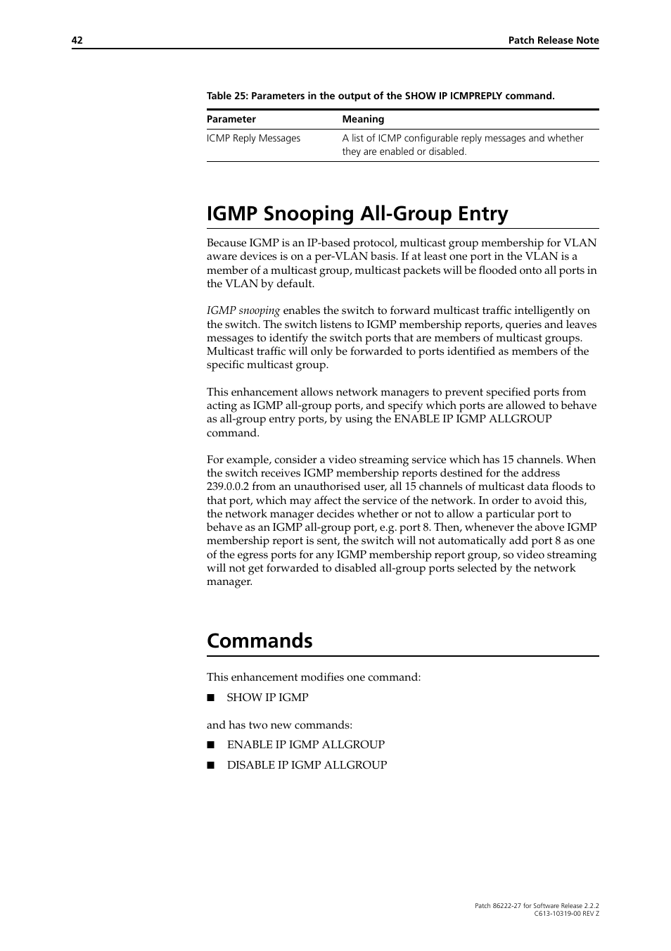Igmp snooping all-group entry, Commands | Allied Telesis 86222-27 User Manual | Page 42 / 46