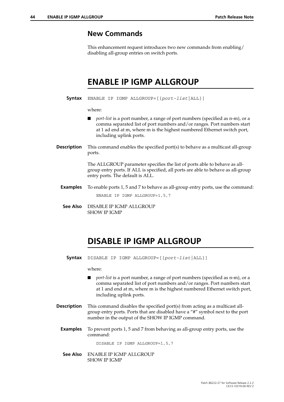 New commands, Enable ip igmp allgroup, Disable ip igmp allgroup | Allied Telesis 86222-27 User Manual | Page 44 / 46
