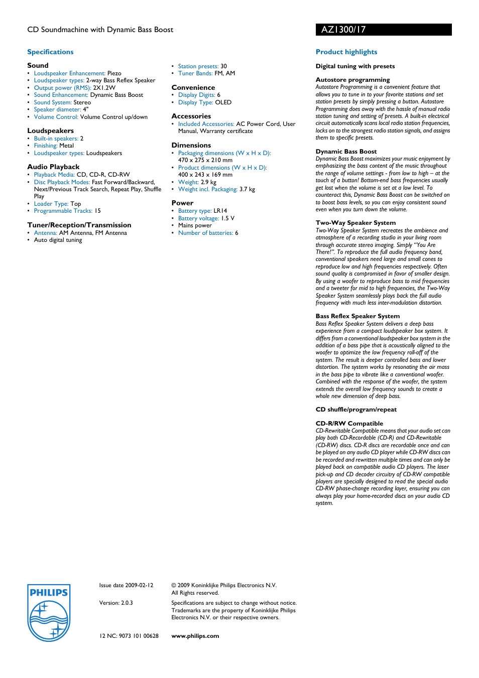 Philips AZ1300-17 User Manual | Page 2 / 2