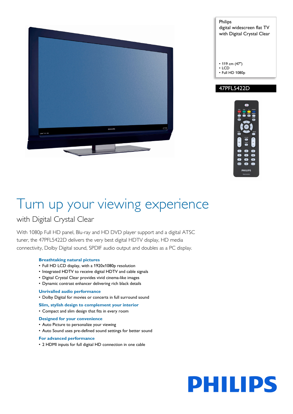Philips digital widescreen flat TV 47PFL5422D 47" LCD Full HD 1080p with Digital Crystal Clear User Manual | 3 pages