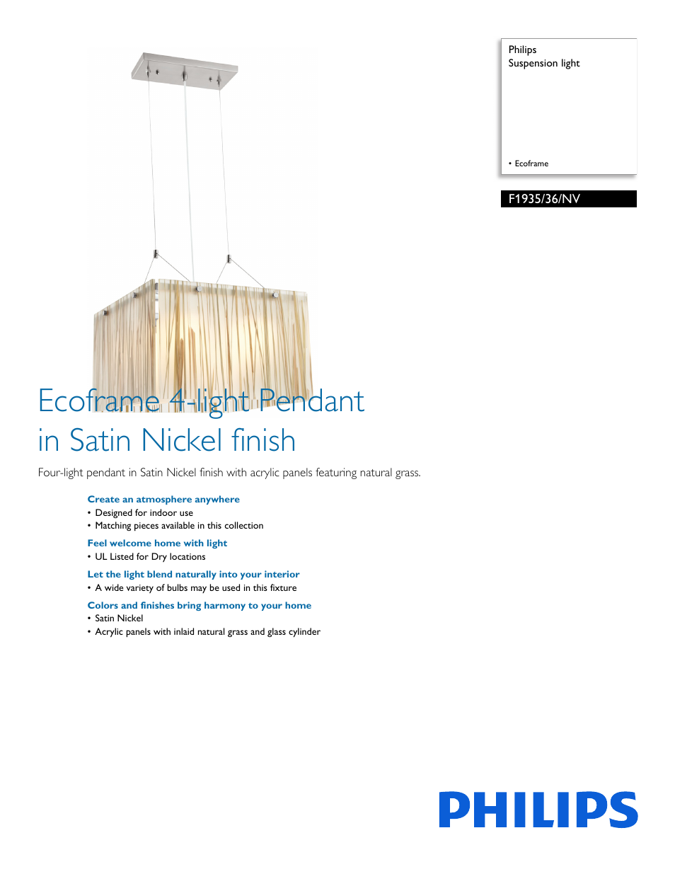 Philips Forecast Suspension light F1935-36-NV Ecoframe User Manual | 2 pages