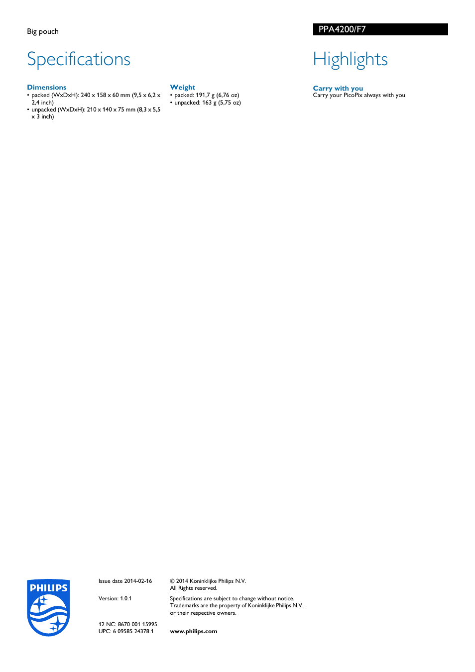 Specifications, Highlights | Philips PPA4200-F7 User Manual | Page 2 / 2