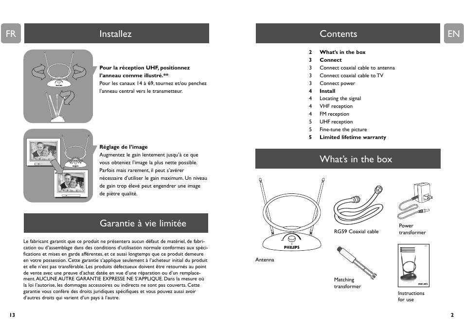 Contents what’s in the box, Installez garantie à vie limitée | Philips US2-MANT310 User Manual | Page 2 / 7