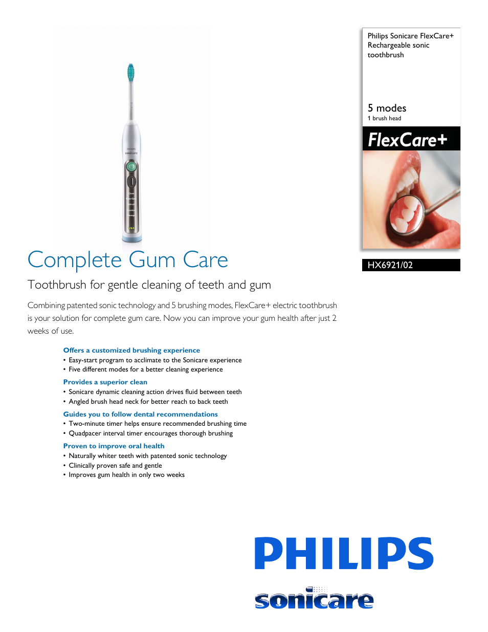 Philips Sonicare FlexCare+ Rechargeable sonic toothbrush HX6921-02 5 modes 1 brush head User Manual | 3 pages