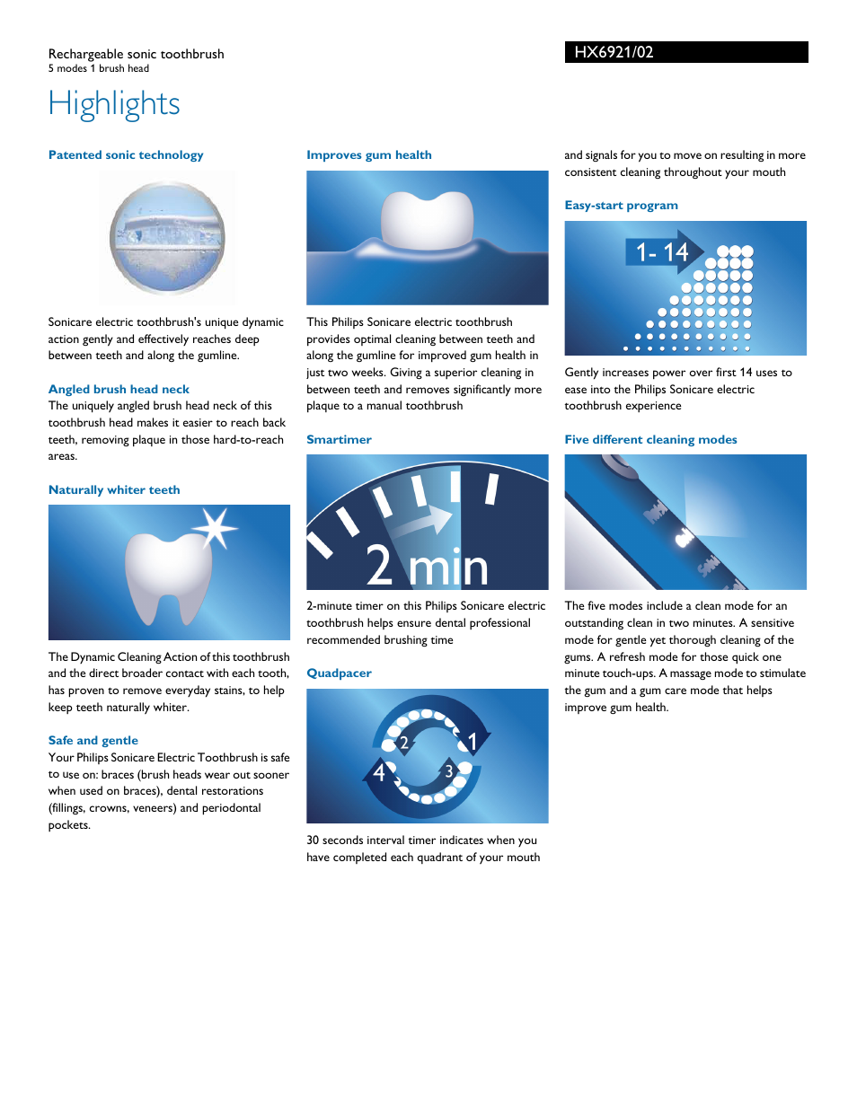 Highlights | Philips Sonicare FlexCare+ Rechargeable sonic toothbrush HX6921-02 5 modes 1 brush head User Manual | Page 2 / 3