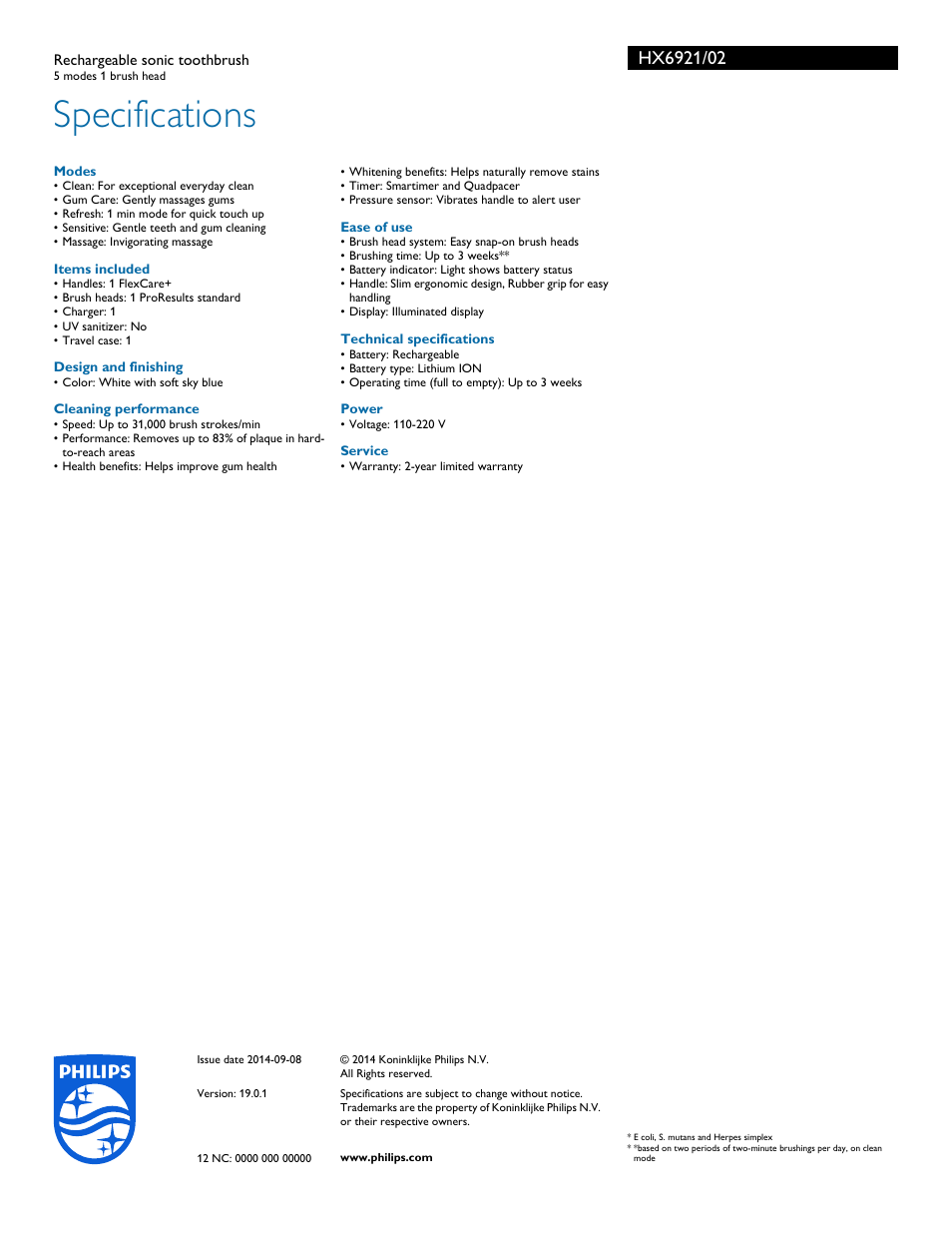 Specifications | Philips Sonicare FlexCare+ Rechargeable sonic toothbrush HX6921-02 5 modes 1 brush head User Manual | Page 3 / 3