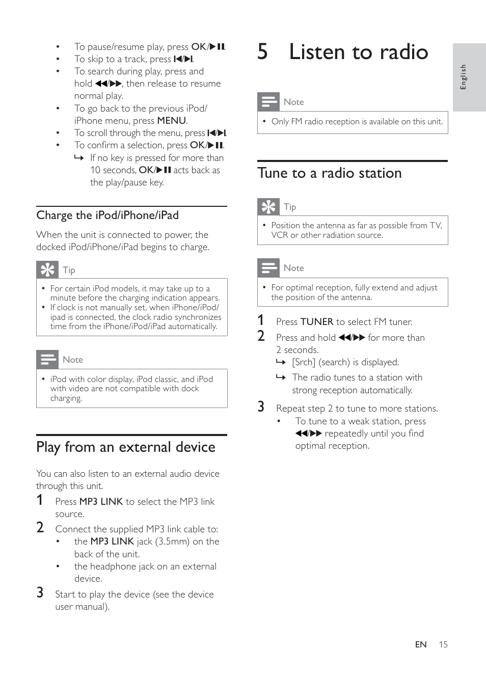 5 listen to radio, Tune to a radio station, Play from an external device | Charge the ipod/iphone/ipad | Philips DC291-17 User Manual | Page 15 / 20