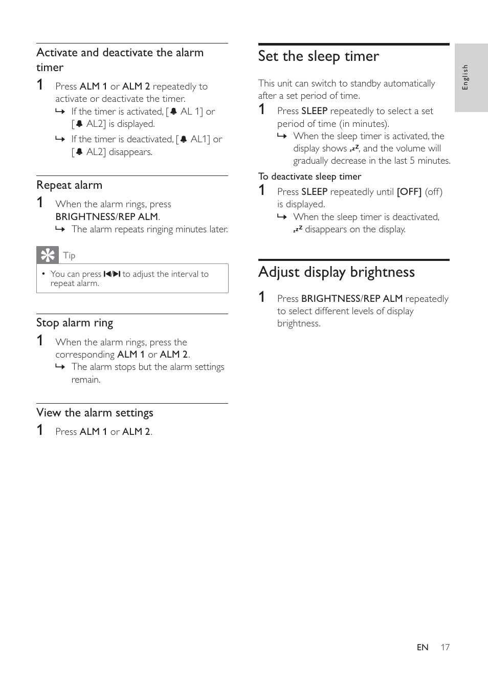 Set the sleep timer, Adjust display brightness 1, Activate and deactivate the alarm timer | Repeat alarm, Stop alarm ring, View the alarm settings | Philips DC291-17 User Manual | Page 17 / 20