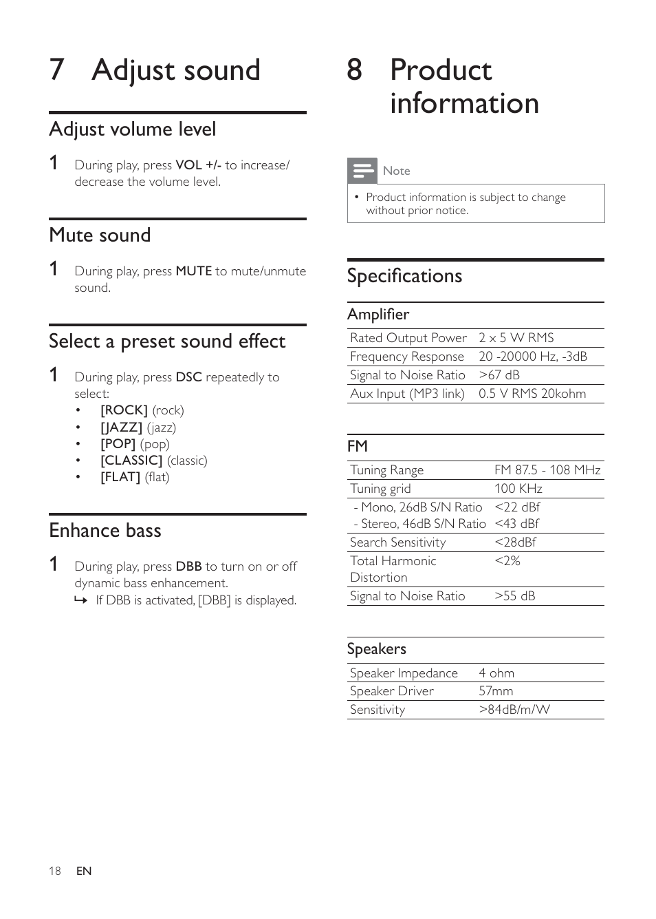 8 product information, 7 adjust sound, Speciﬁcations | Adjust volume level 1, Mute sound 1, Select a preset sound effect 1, Enhance bass 1 | Philips DC291-17 User Manual | Page 18 / 20