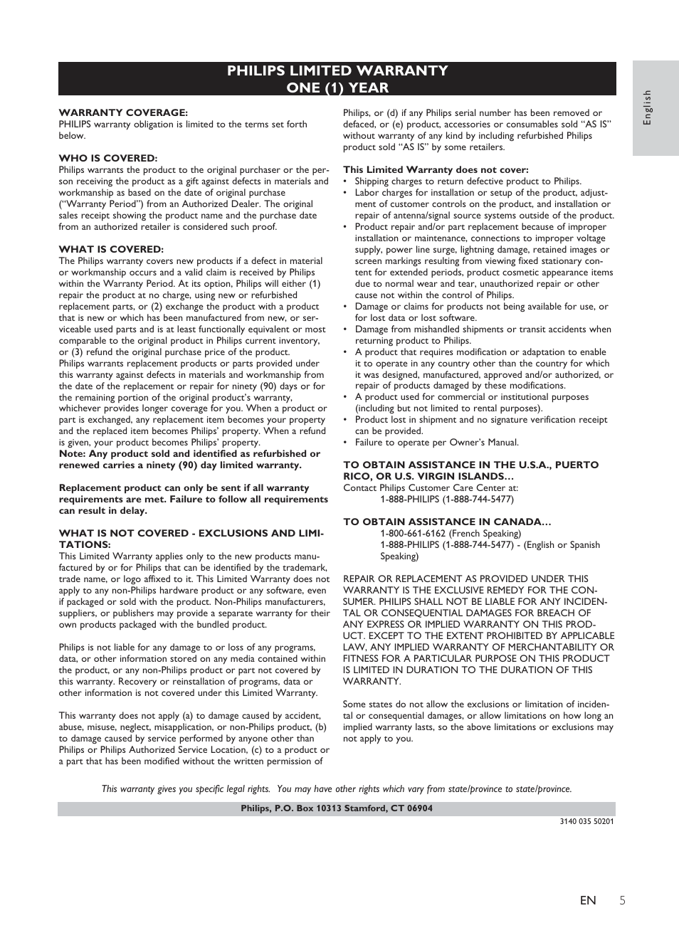 Philips limited warranty one (1) year | Philips DC291-17 User Manual | Page 5 / 20