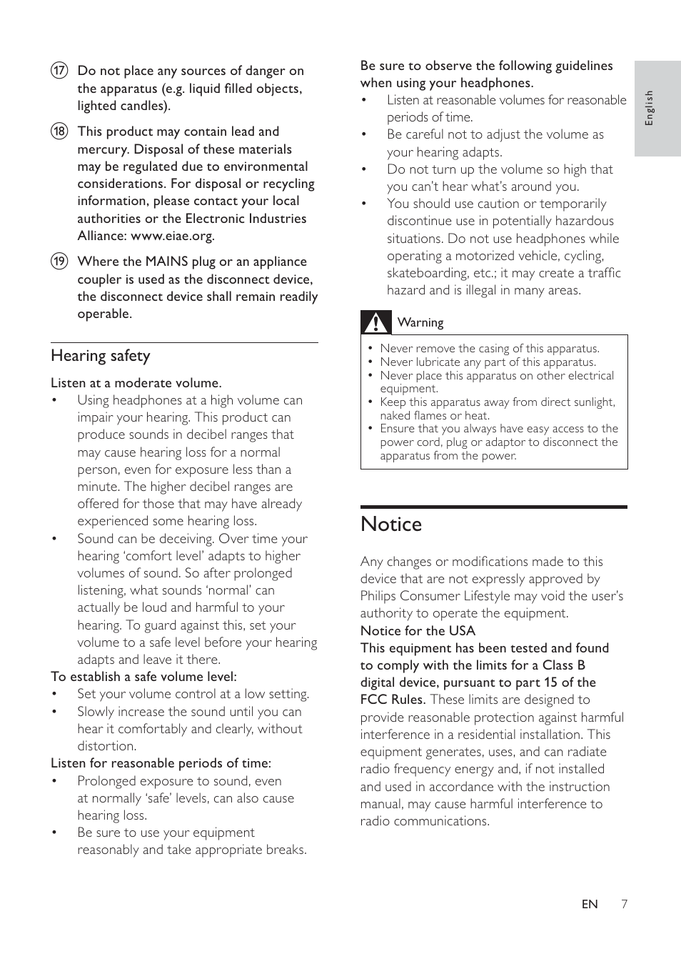 Notice, Hearing safety | Philips DC291-17 User Manual | Page 7 / 20