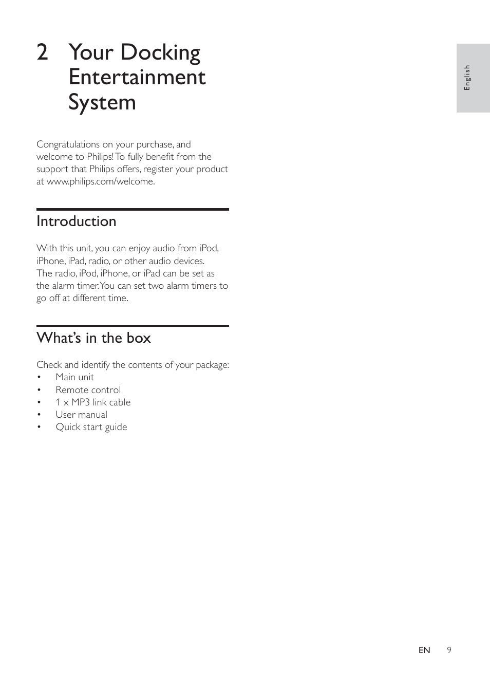 2 your docking entertainment system, Introduction, What’s in the box | Philips DC291-17 User Manual | Page 9 / 20