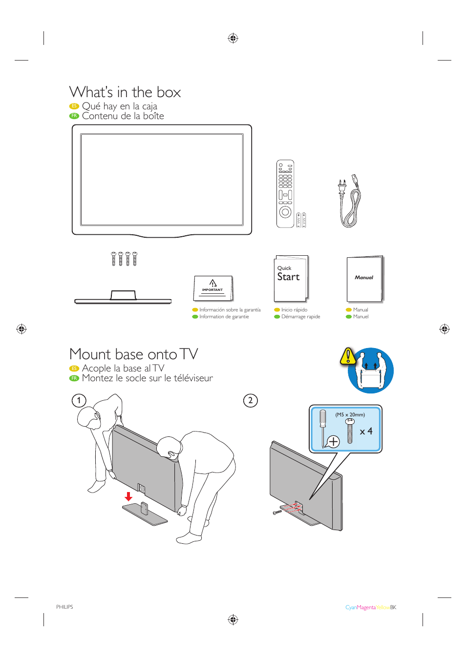 What’s in the box, Mount base onto tv, Start | Qué hay en la caja, Contenu de la boîte, Acople la base al tv, Montez le socle sur le téléviseur | Philips 40PFL4707-F7 User Manual | Page 5 / 8