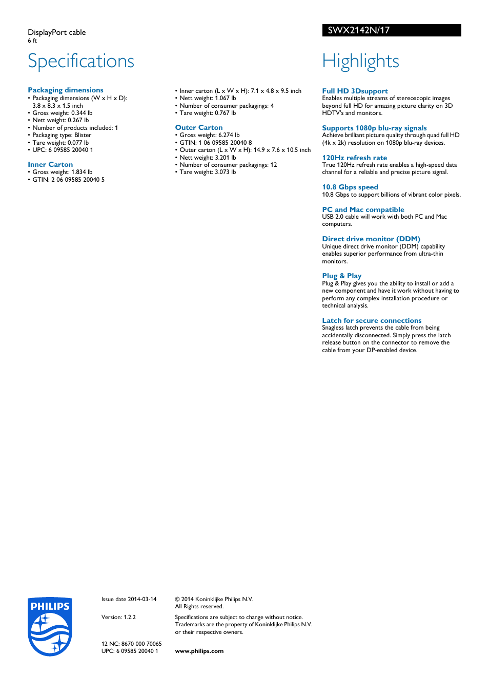 Specifications, Highlights | Philips SWX2142N-17 User Manual | Page 2 / 2