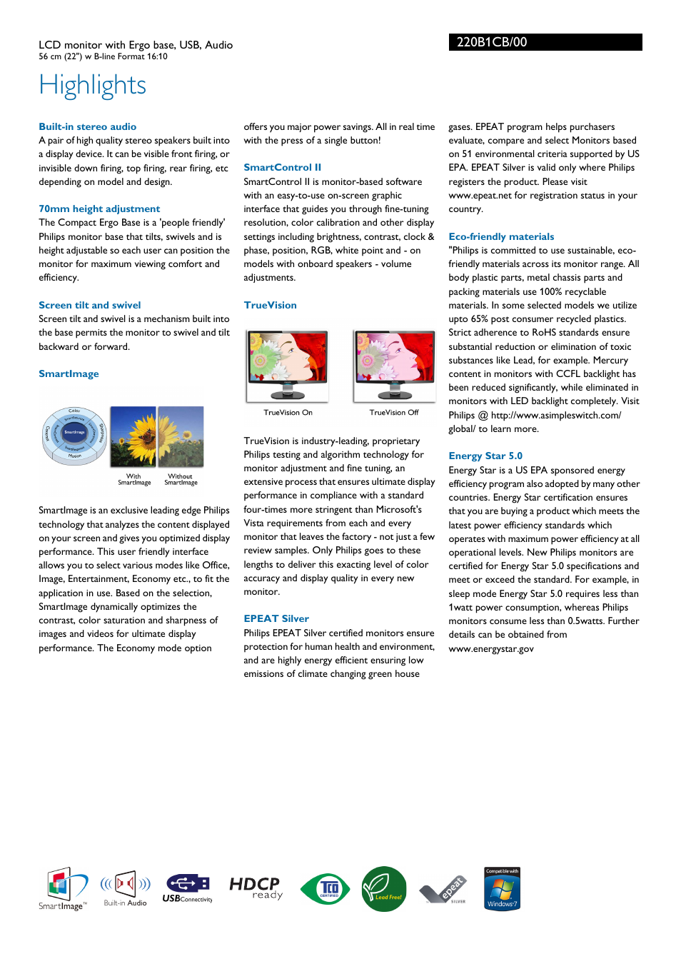 Highlights | Philips 220B1CB-00 User Manual | Page 2 / 3