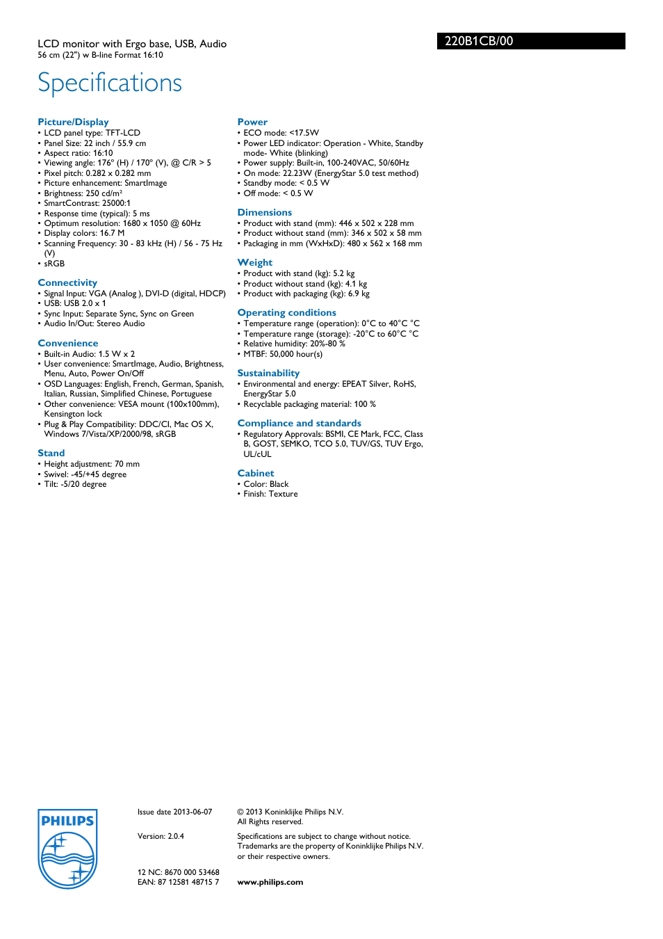 Specifications | Philips 220B1CB-00 User Manual | Page 3 / 3