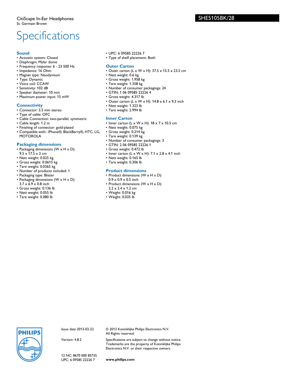 Specifications | Philips SHE5105BK-28 User Manual | Page 3 / 3