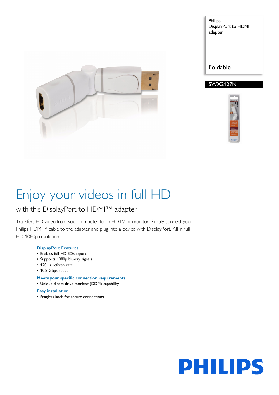 Philips DisplayPort to HDMI adapter SWX2127N Foldable User Manual | 2 pages