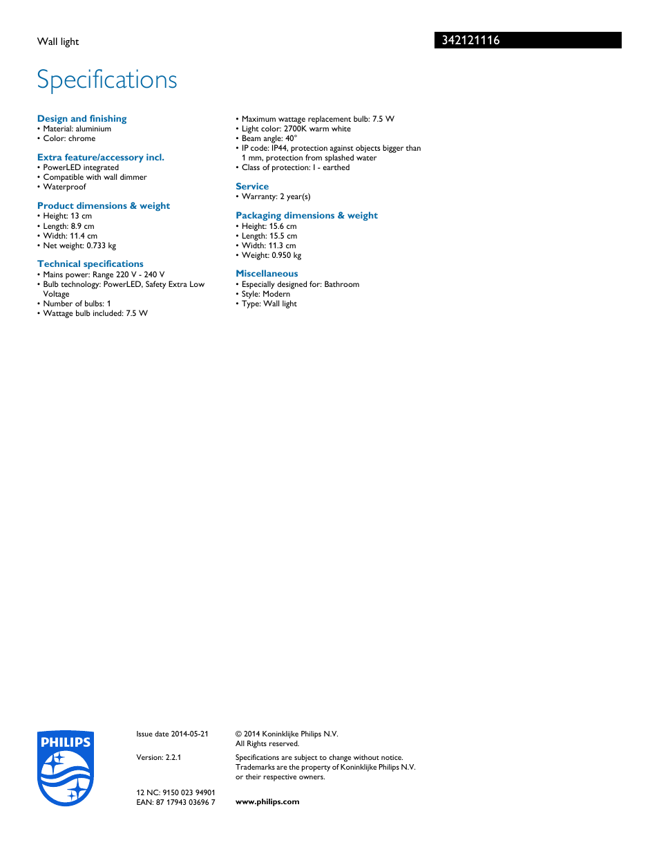 Specifications | Philips 342121116 User Manual | Page 3 / 3