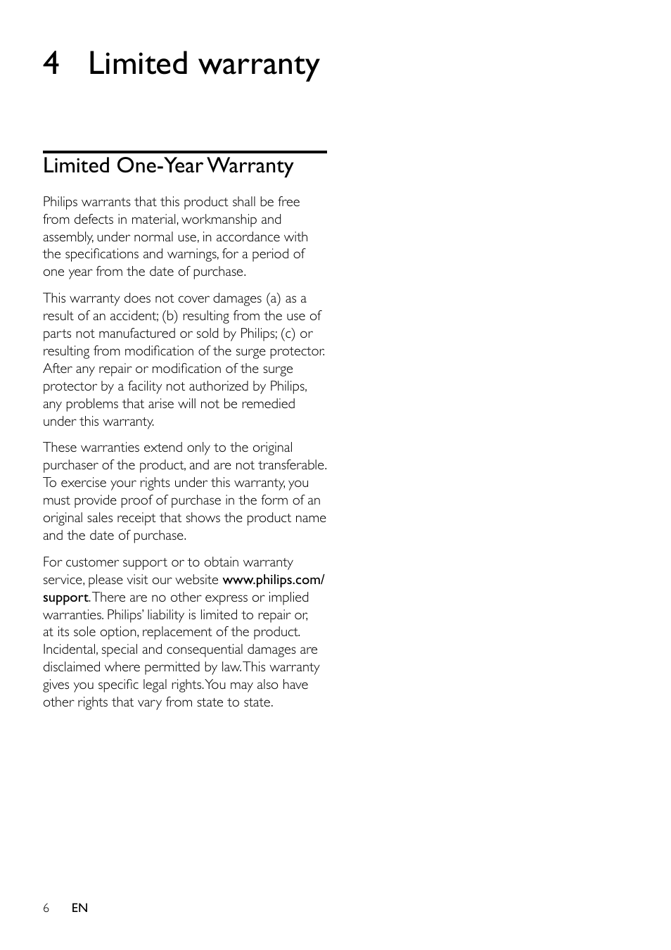 4 limited warranty, Limited one-year warranty | Philips SPS8010B-17 User Manual | Page 6 / 8