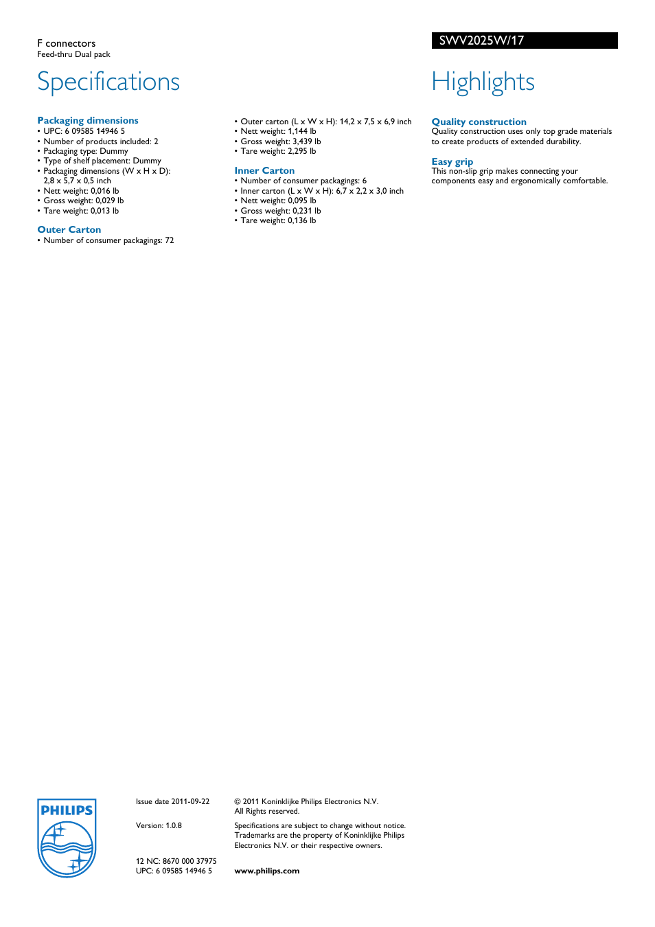 Specifications, Highlights | Philips SWV2025W-17 User Manual | Page 2 / 2