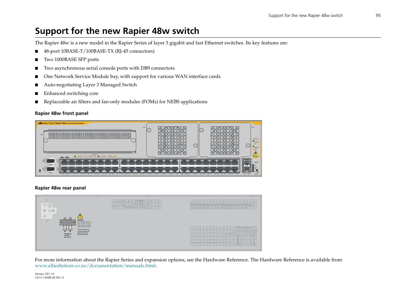 Support for the new rapier 48w switch, Support for the new rapier 48w switch” on, Class 1 laser product do not stare into beam | Fault power swap in use hot swap, L/a d/c l/a, Two 1000base sfp ports, Auto-negotiating layer 3 managed switch, Enhanced switching core, Support for the new rapier 48w switch 95 | Allied Telesis AT-WA1104G-10 User Manual | Page 95 / 99