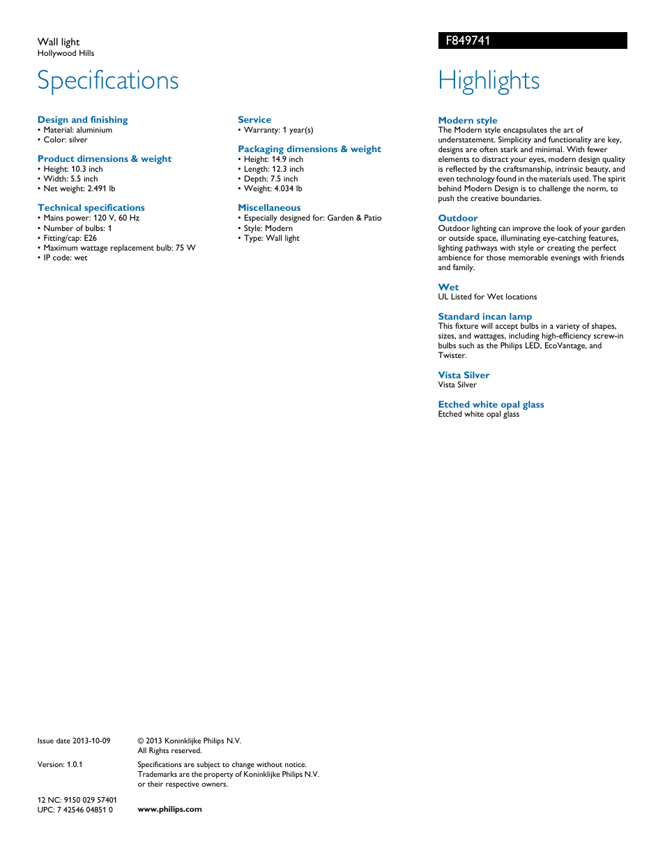 Specifications, Highlights | Philips F849741 User Manual | Page 2 / 2