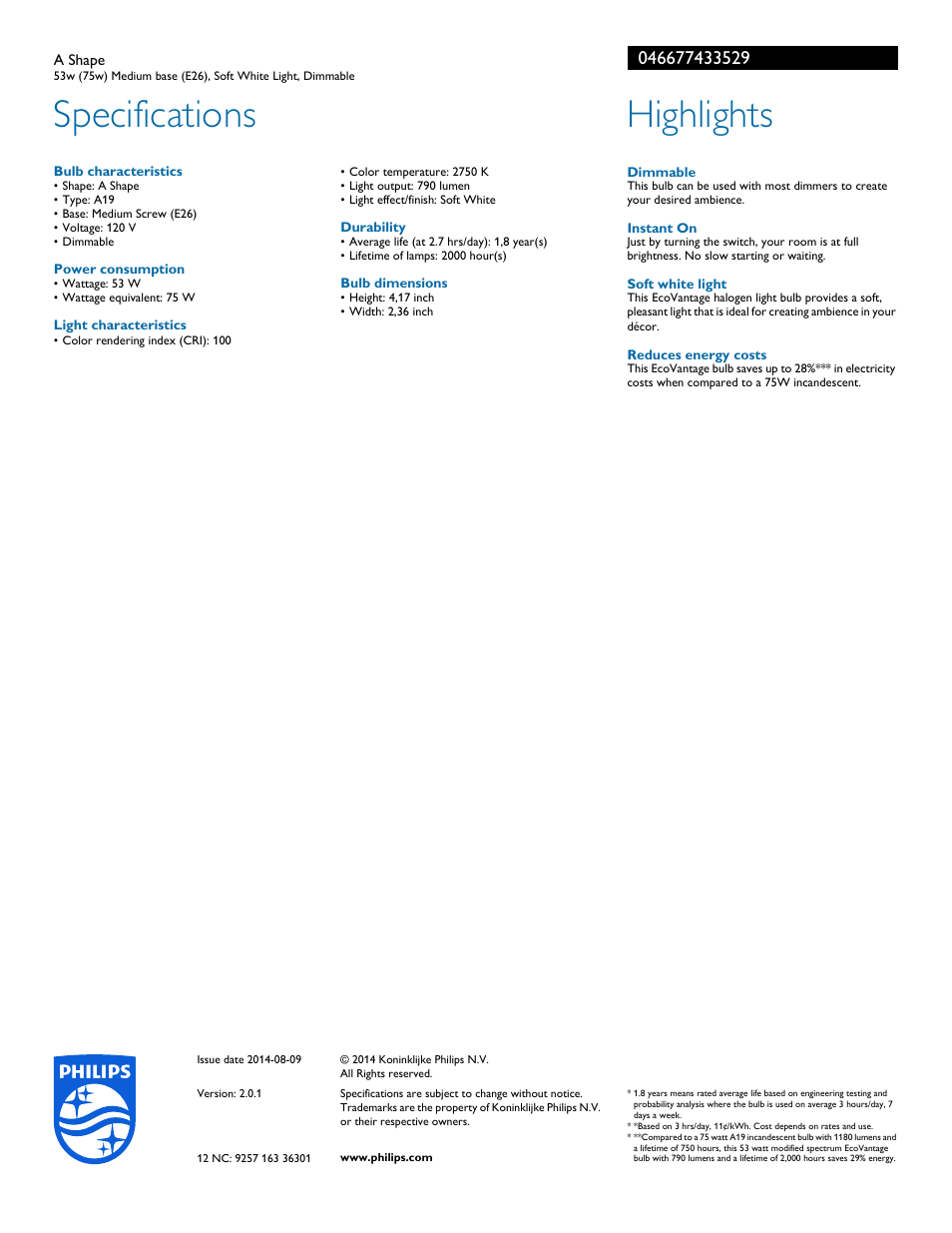 Specifications, Highlights | Philips 046677433529 User Manual | Page 2 / 2